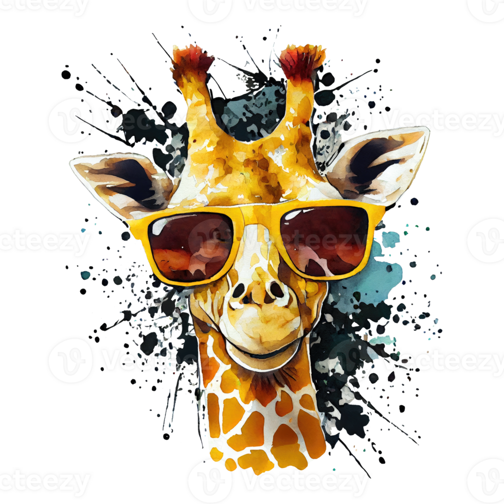 Watercolor cute giraffe, cool superstar cartoon animal character. Isolated transparent background. png