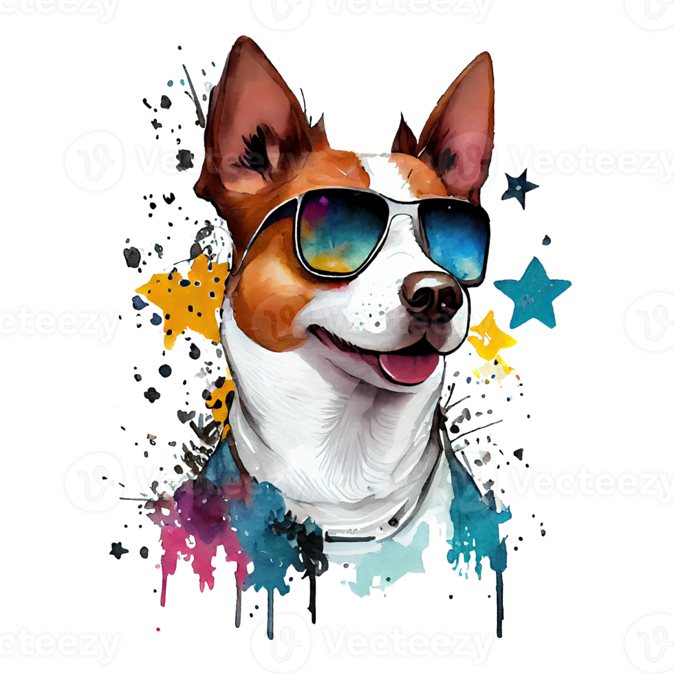 Watercolor cute dog, cool superstar cartoon animal character. Isolated transparent background. png