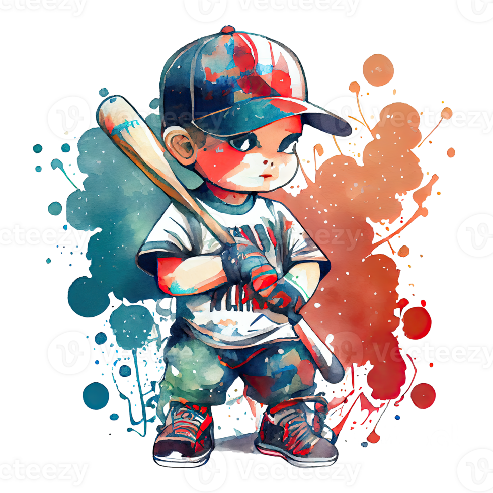 Watercolor cute baseball player, cartoon character. Isolated transparent background. png