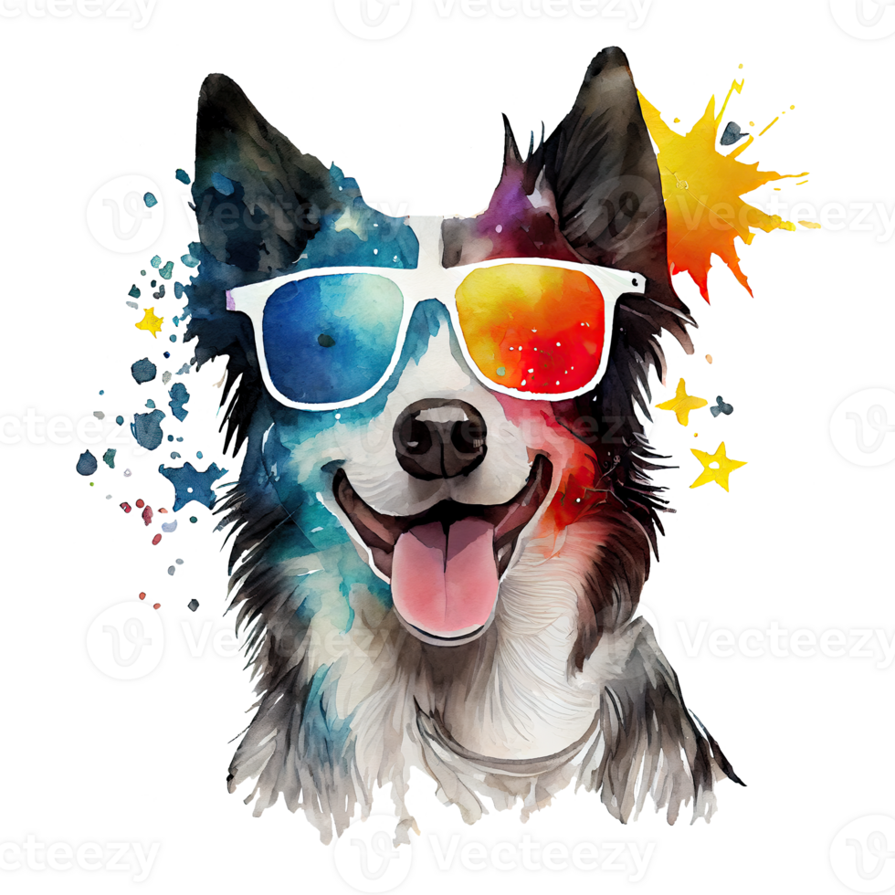 Watercolor cute dog, cool superstar cartoon animal character. Isolated transparent background. png