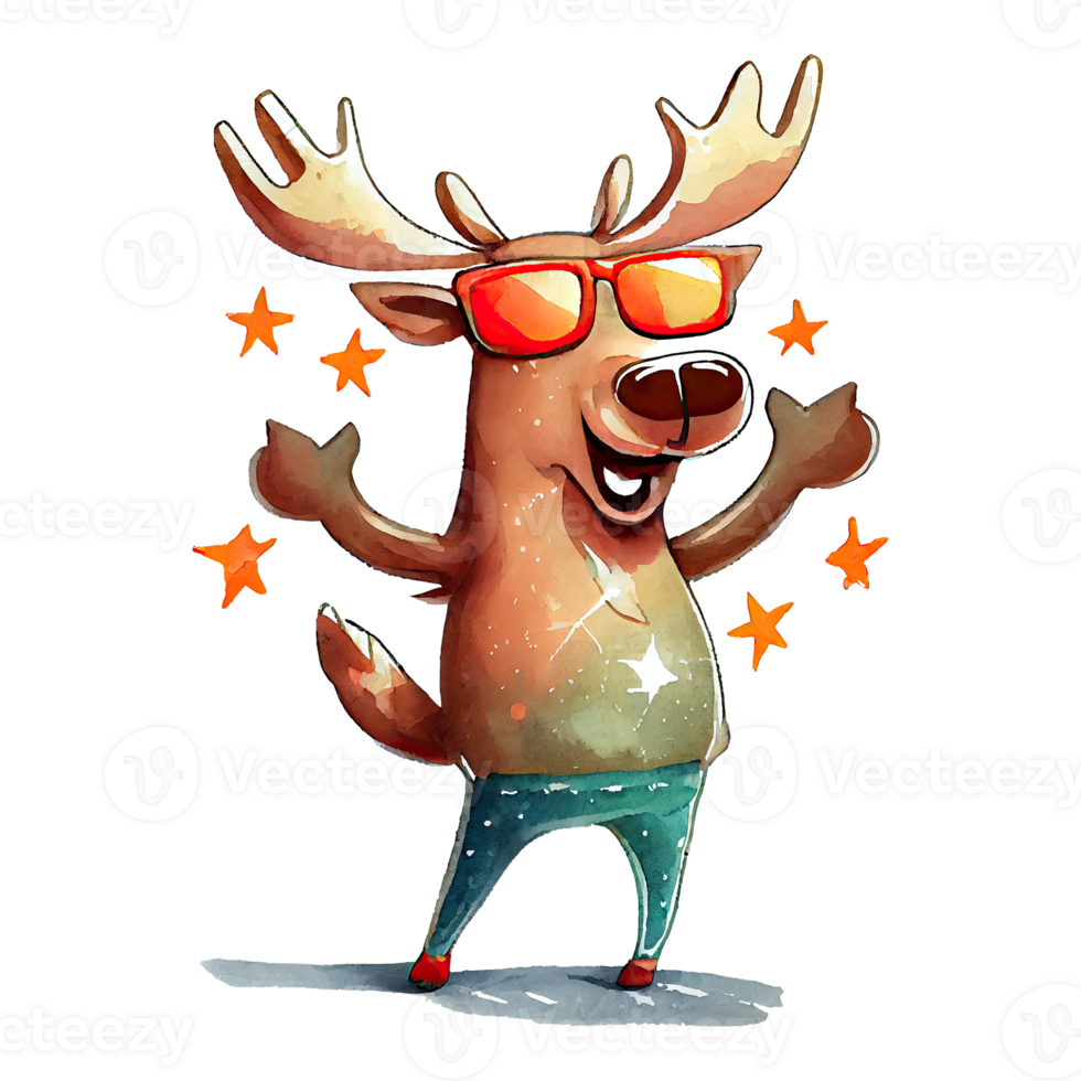 Watercolor cute reindeer, cool superstar cartoon animal character. Isolated transparent background. png