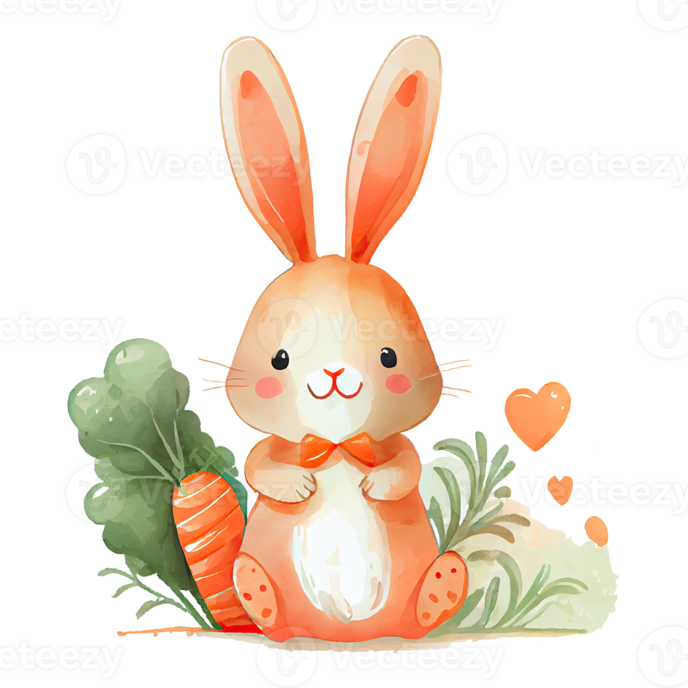 Watercolor cute bunny with carrot, cartoon animal character. Isolated transparent background. png