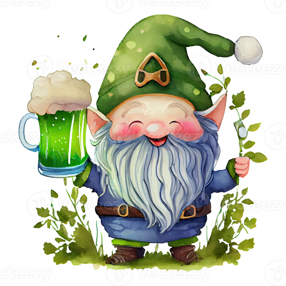 Watercolor cute gnome with mug of beer, st patricks day cartoon character. Isolated transparent background. png