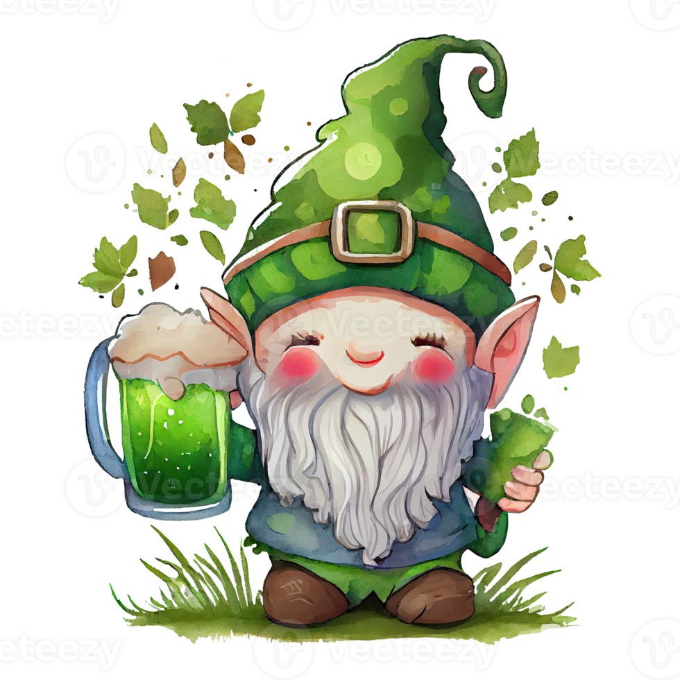 Watercolor cute gnome with mug of beer, st patricks day cartoon character. Isolated transparent background. png