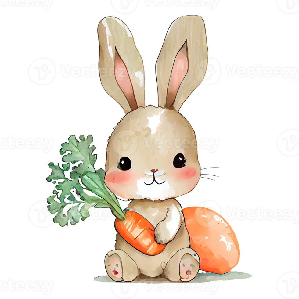 Watercolor cute bunny with carrot, cartoon animal character. Isolated transparent background. png