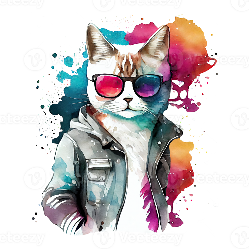 Watercolor cute cat, cool superstar cartoon animal character. Isolated transparent background. png