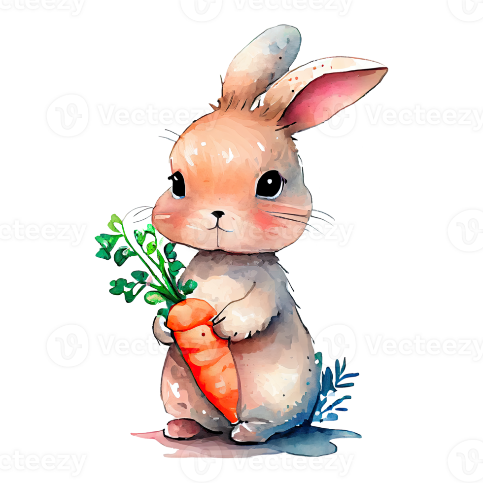 Watercolor cute bunny with carrot, cartoon animal character. Isolated transparent background. png