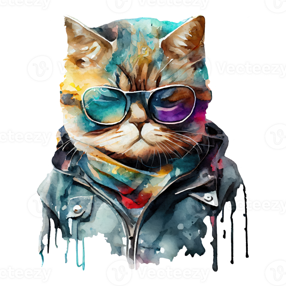 Watercolor cute cat, cool superstar cartoon animal character. Isolated transparent background. png