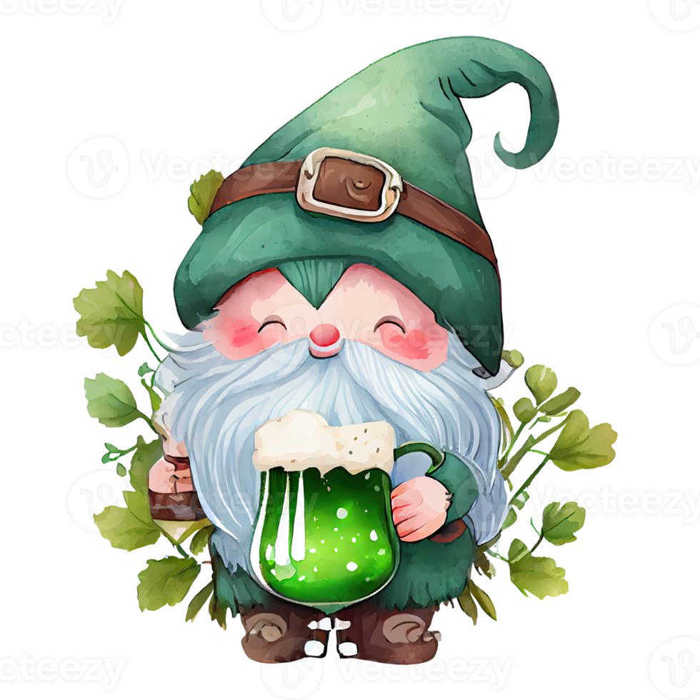 Watercolor cute gnome with mug of beer, st patricks day cartoon character. Isolated transparent background. png
