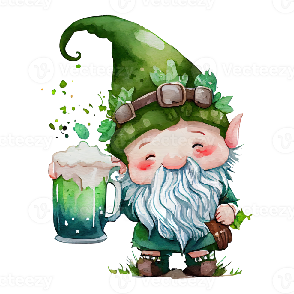 Watercolor cute gnome with mug of beer, st patricks day cartoon character. Isolated transparent background. png