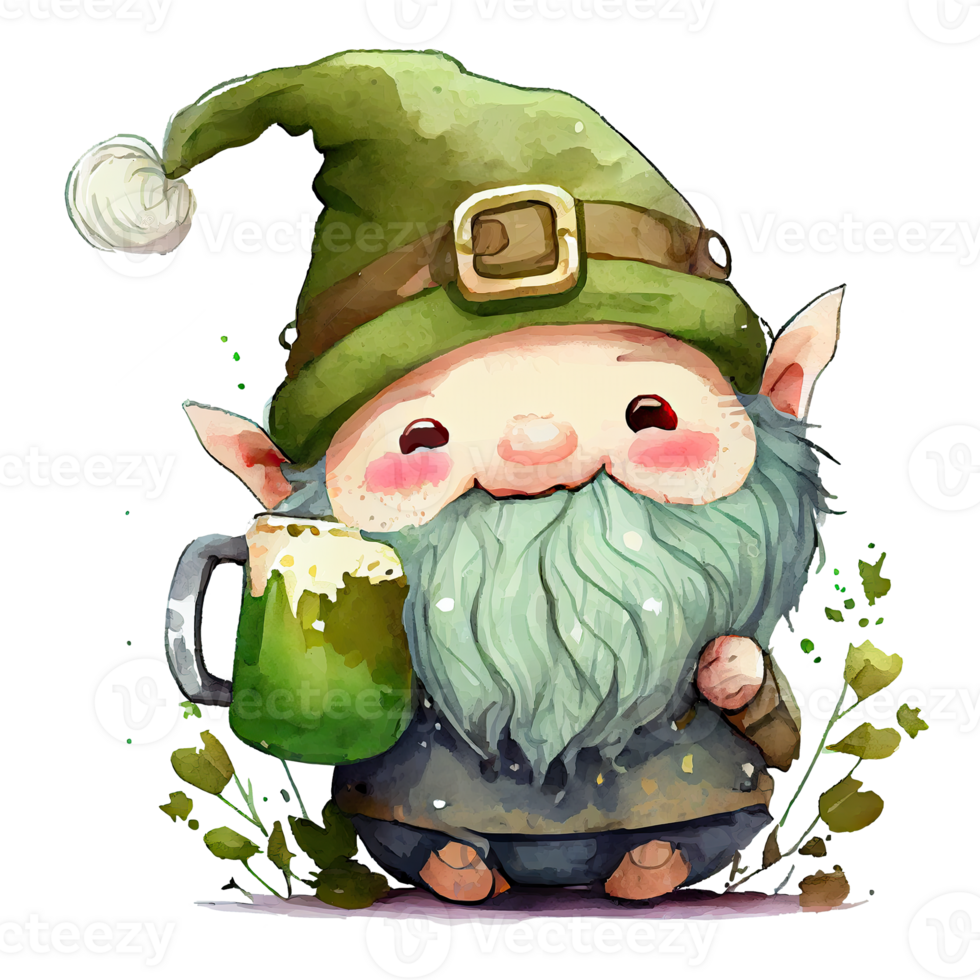 Watercolor cute gnome with mug of beer, st patricks day cartoon character. Isolated transparent background. png