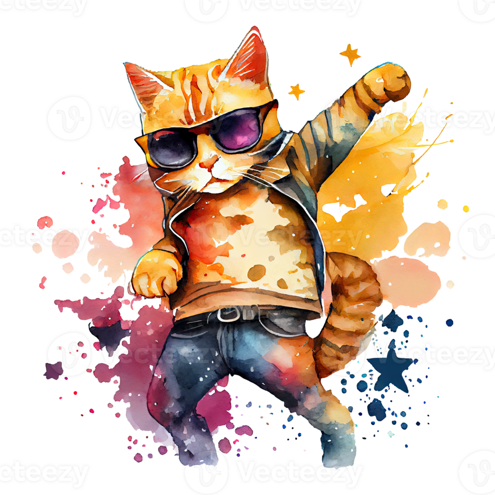 Watercolor cute cat, cool superstar cartoon animal character. Isolated transparent background. png