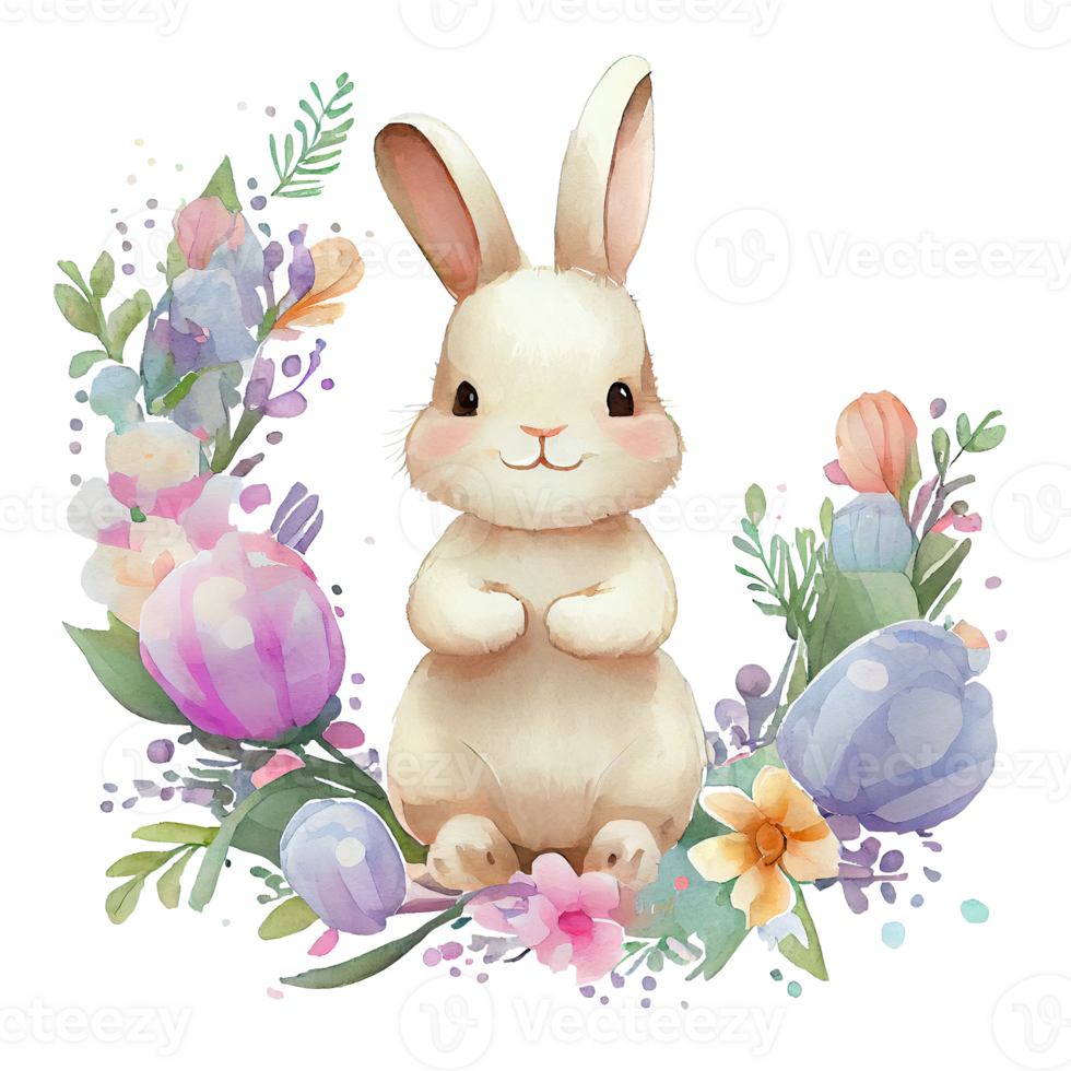 Watercolor cute bunny with flowers, cartoon animal character. Isolated transparent background. png