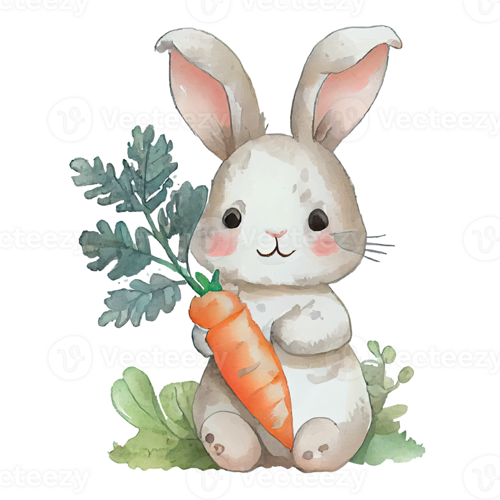 Watercolor cute bunny with carrot, cartoon animal character. Isolated transparent background. png