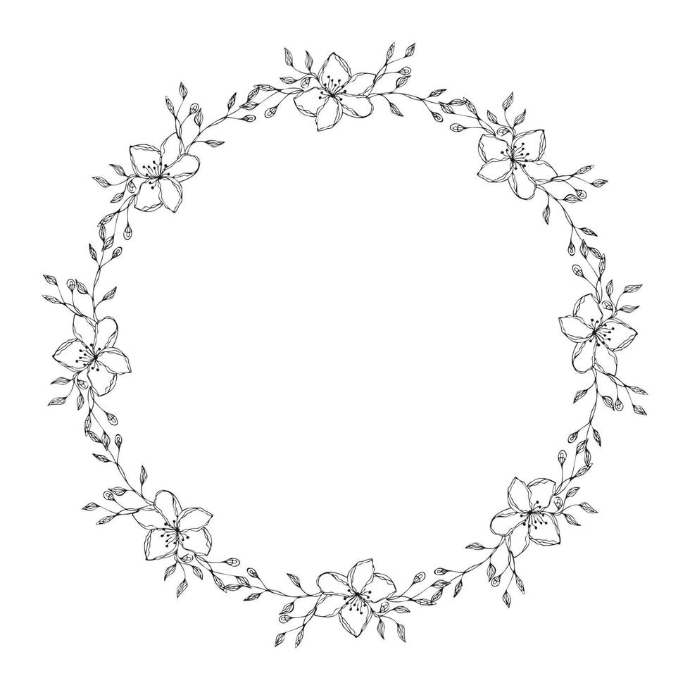 guirnalda redondo marco con garabatear flores mano dibujado, dibujo contorno floral. vector
