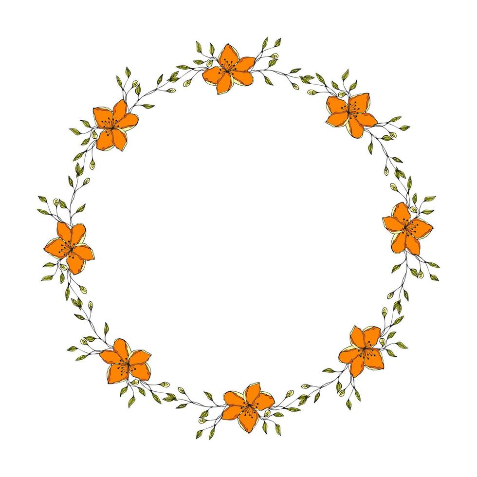 Wreath round frame with doodle orange flowers hand drawn, drawing contour floral. vector