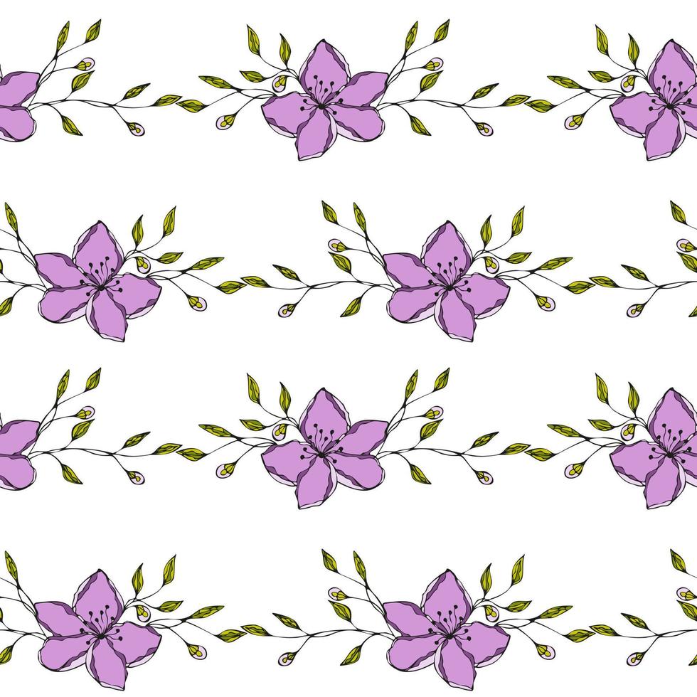 Pattern violet flowers hand drawn doodle. vector