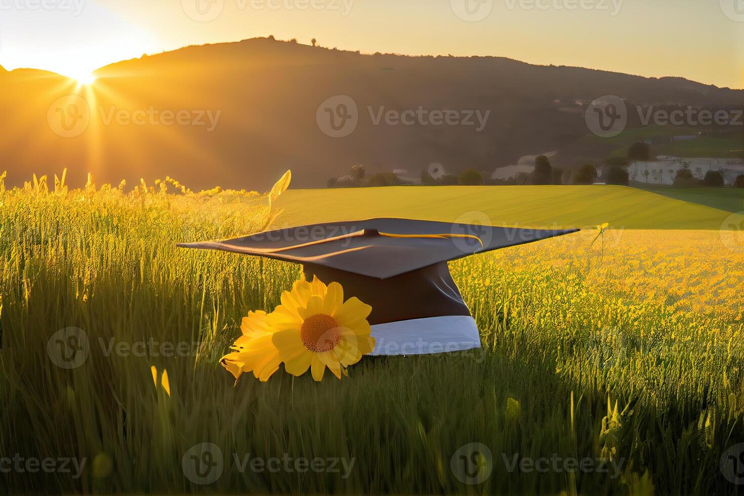 graduation cap, hat with a beautiful view. abstract landscape background Empty ready for your product display or montage. photo