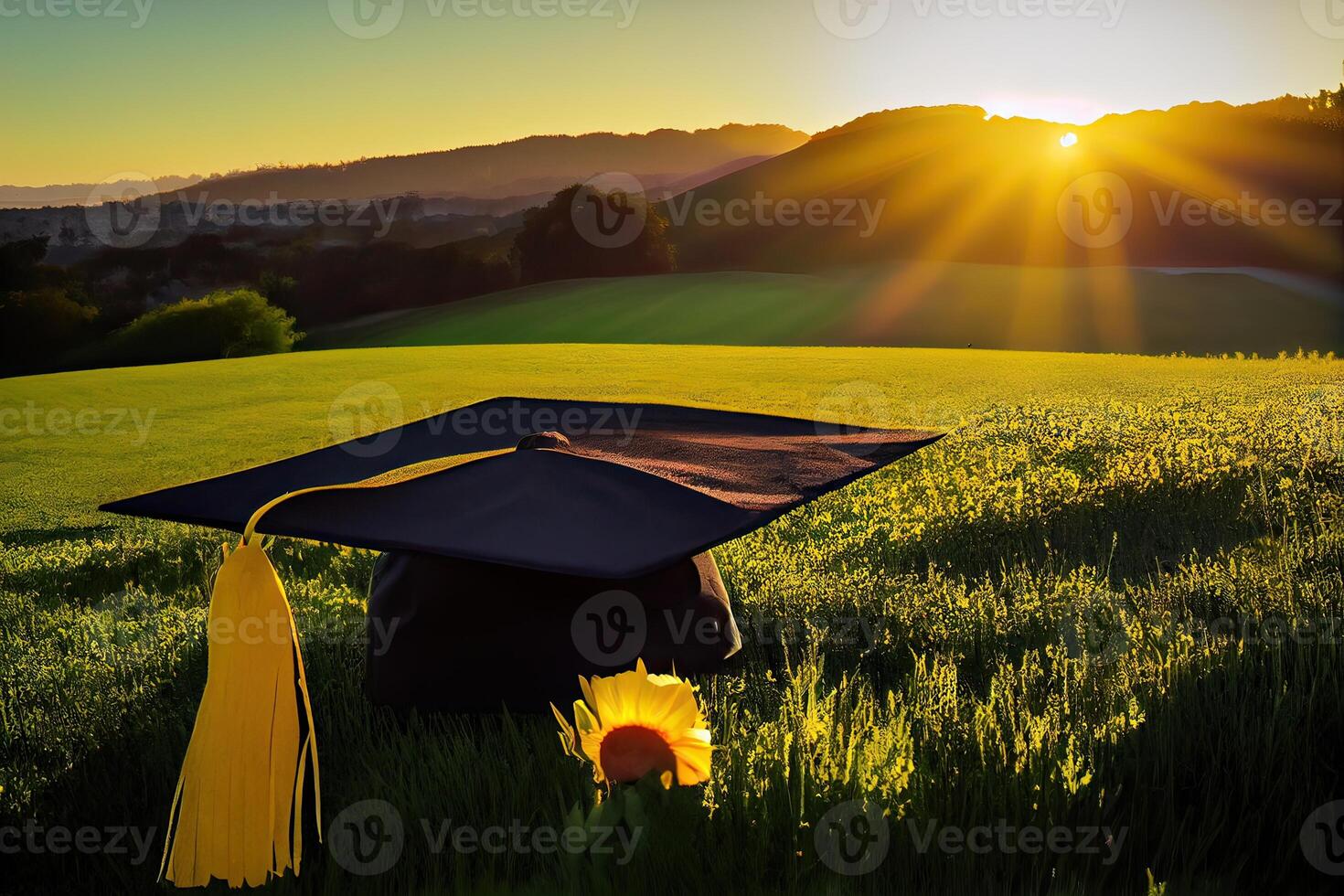 graduation cap, hat with a beautiful view. abstract landscape background Empty ready for your product display or montage. photo