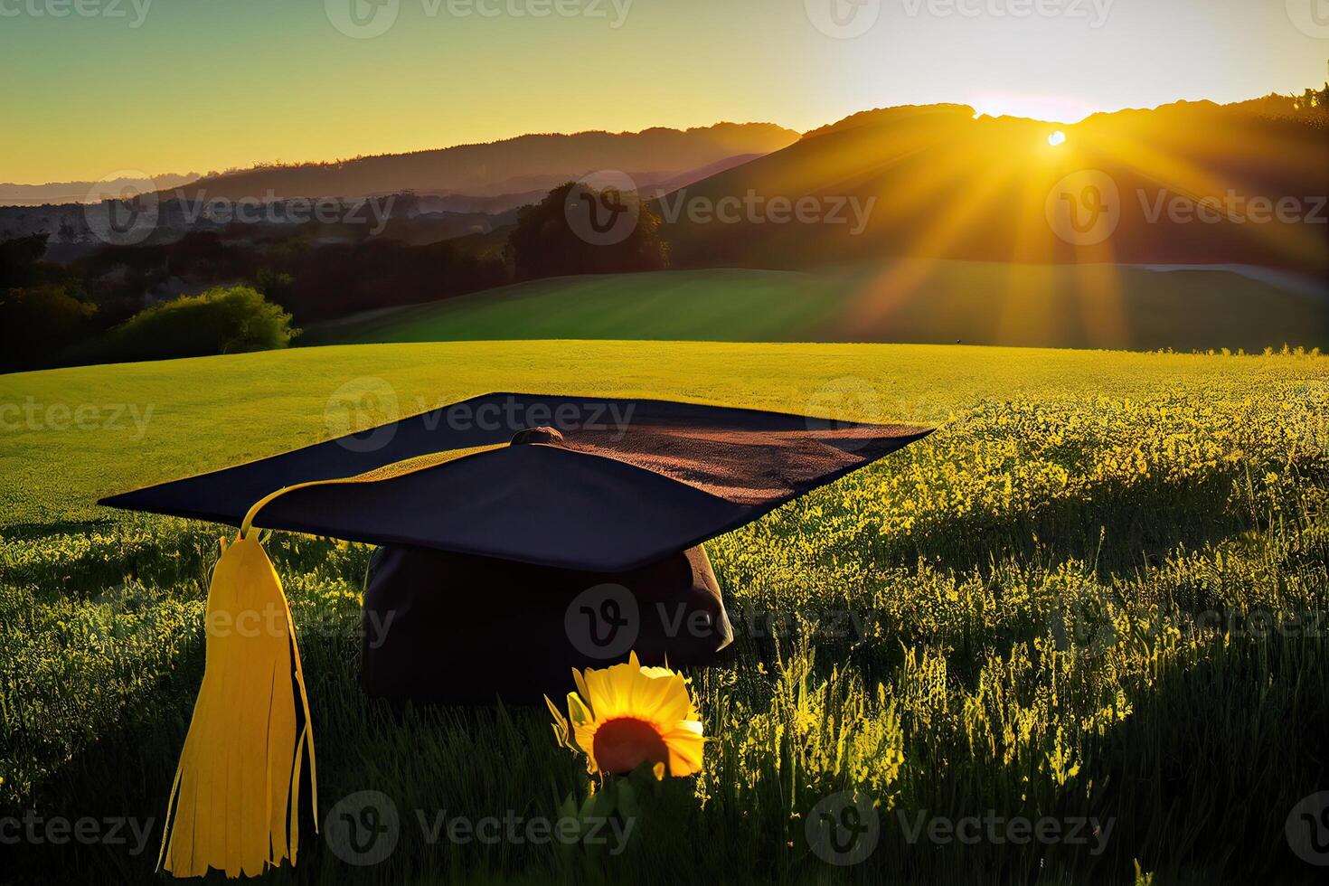 graduación gorra, sombrero con un hermosa vista. resumen paisaje antecedentes vacío Listo para tu producto monitor o montaje. generativo ai foto