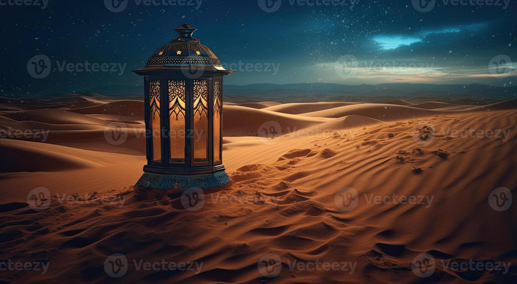 ramadan islamic lantern on desert background, in the style of romantic moonlit seascapes, blue and amber, mysterious dreamscapes, decorative paintings, Illustration photo