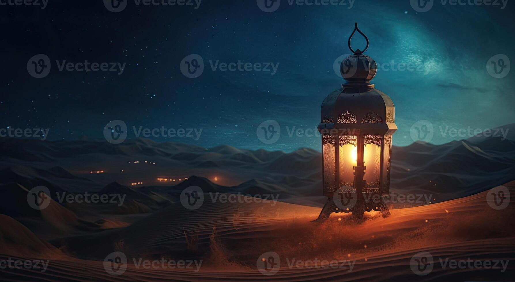 Ramadán islámico linterna en Desierto fondo, en el estilo de romántico de luna paisajes marinos, azul y ámbar, misterioso paisajes de ensueño, decorativo pinturas, ilustración generativo ai foto