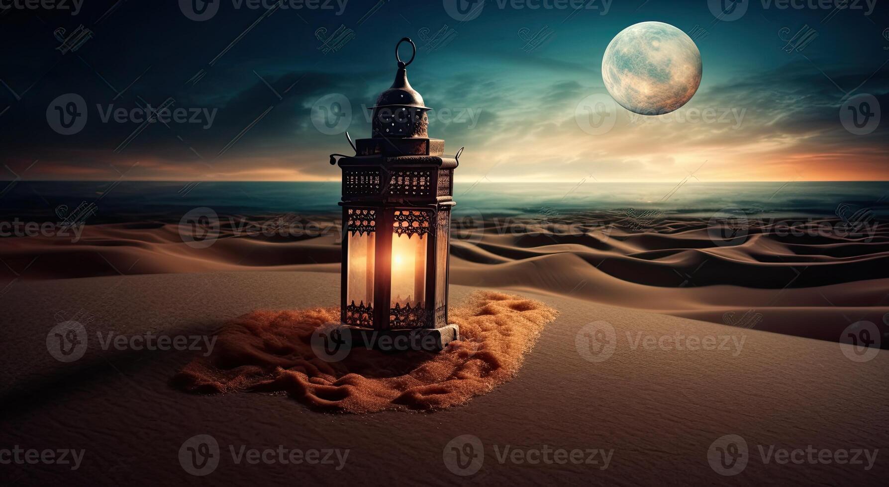 ramadan islamic lantern on desert background, in the style of romantic moonlit seascapes, blue and amber, mysterious dreamscapes, decorative paintings, Illustration photo