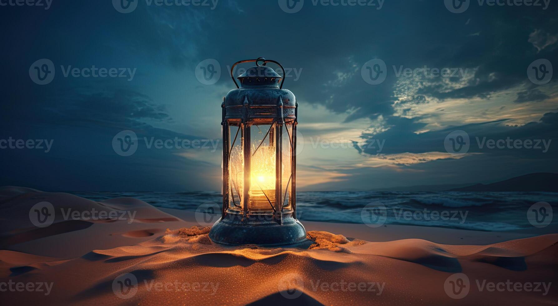 ramadan islamic lantern on desert background, in the style of romantic moonlit seascapes, blue and amber, mysterious dreamscapes, decorative paintings, Illustration photo