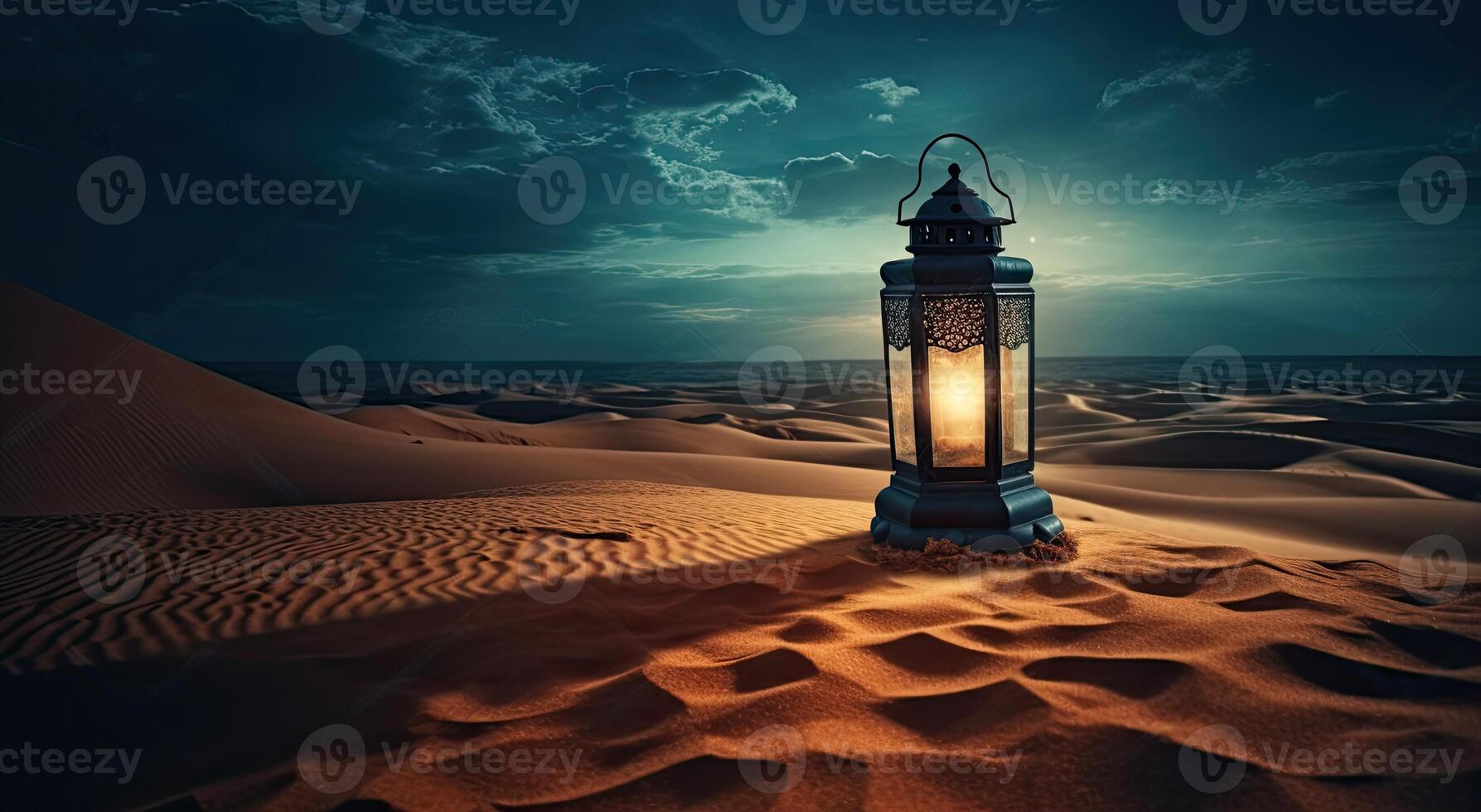 Ramadán islámico linterna en Desierto fondo, en el estilo de romántico de luna paisajes marinos, azul y ámbar, misterioso paisajes de ensueño, decorativo pinturas, ilustración generativo ai foto