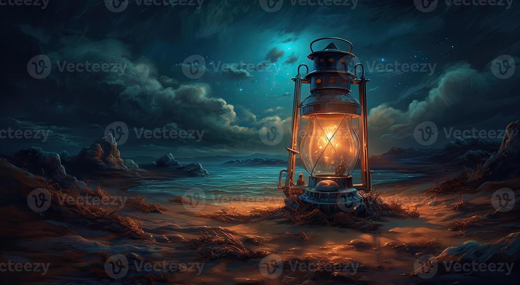 ramadan islamic lantern on desert background, in the style of romantic moonlit seascapes, blue and amber, mysterious dreamscapes, decorative paintings, Illustration photo