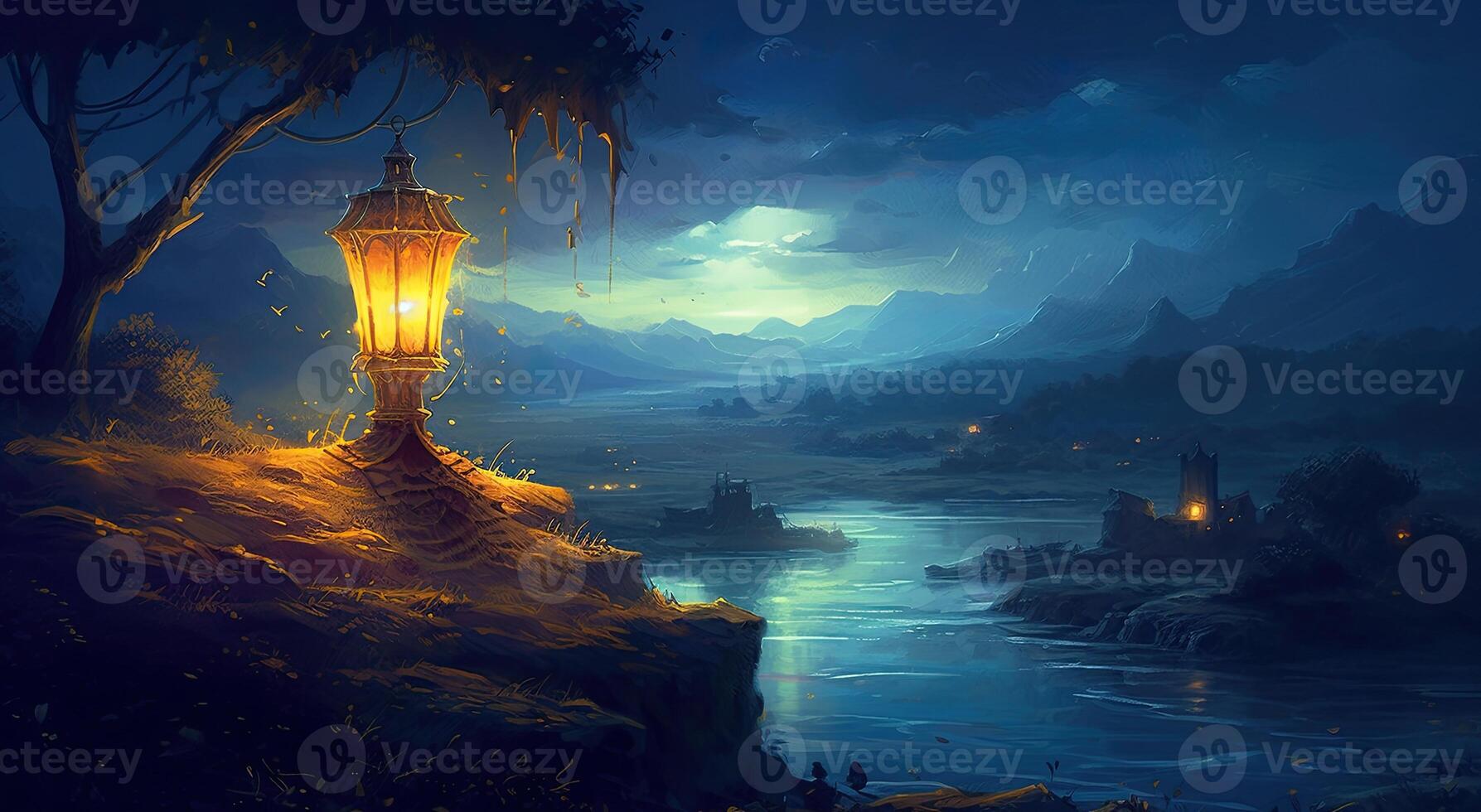 ramadan islamic lantern on desert background, in the style of romantic moonlit seascapes, blue and amber, mysterious dreamscapes, decorative paintings, Illustration photo
