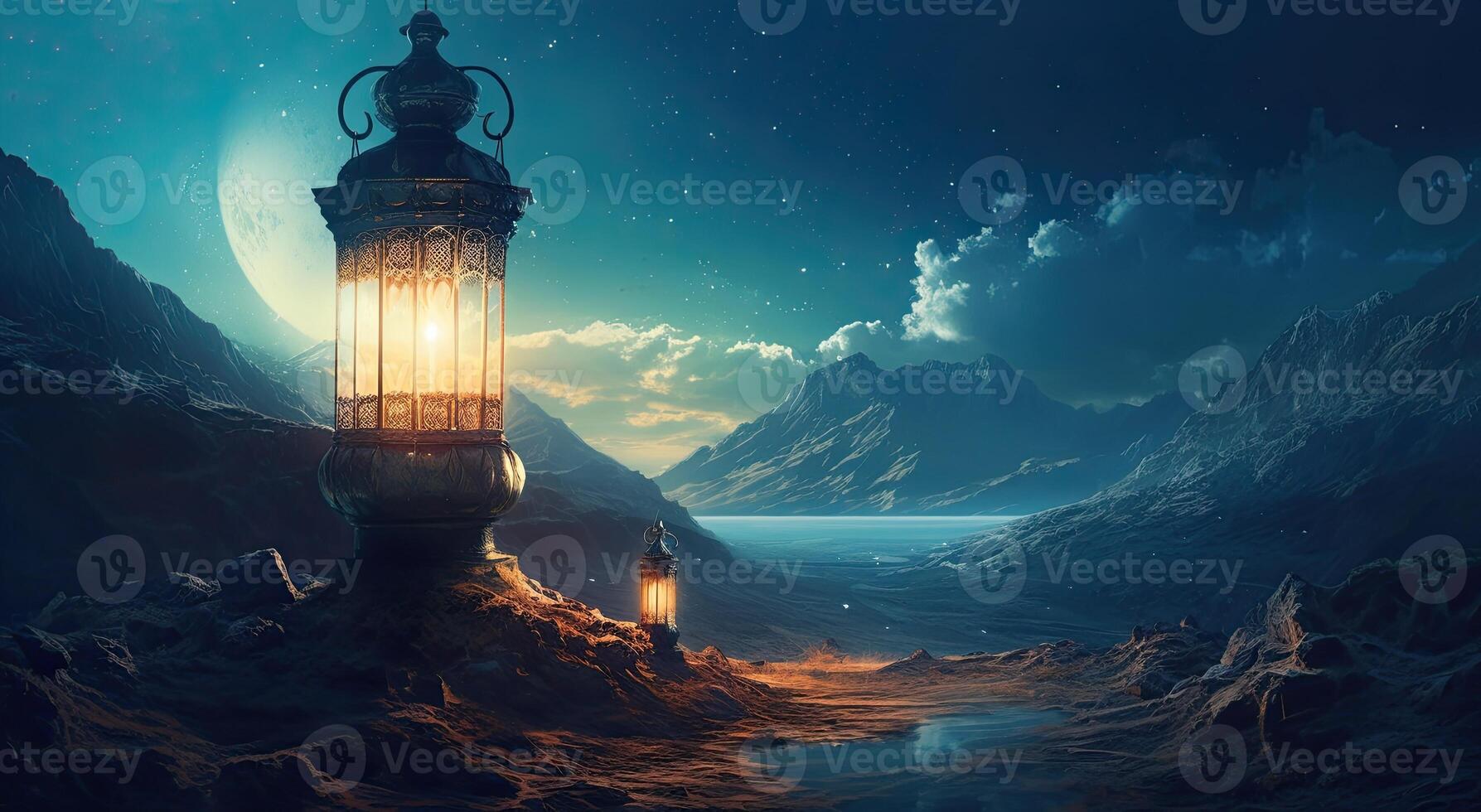 ramadan islamic lantern on desert background, in the style of romantic moonlit seascapes, blue and amber, mysterious dreamscapes, decorative paintings, Illustration photo