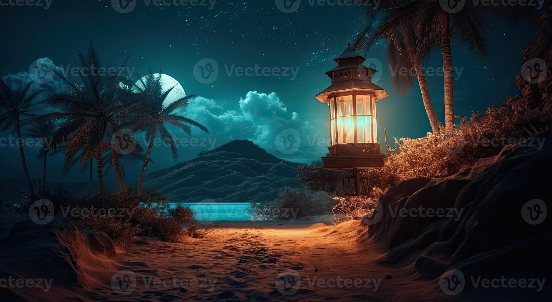 ramadan islamic lantern on desert background, in the style of romantic moonlit seascapes, blue and amber, mysterious dreamscapes, decorative paintings, Illustration photo