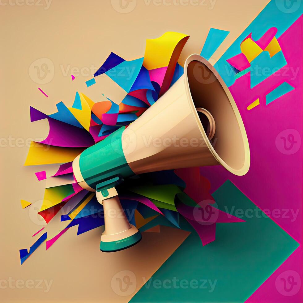 vintage retro colorful megaphone on the multicolor background. Retro megaphone on colorful background. photo