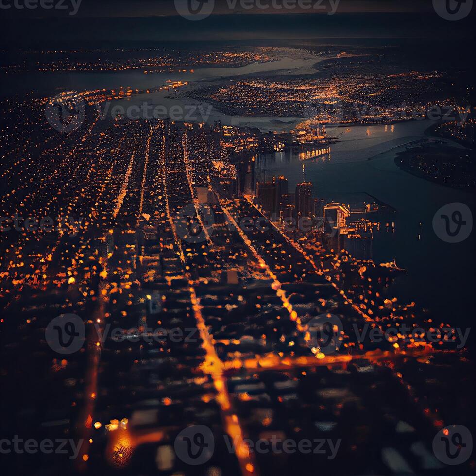 Beautiful scenic night city view through the aircraft window. Window seat on airplane overlooking night view. photo