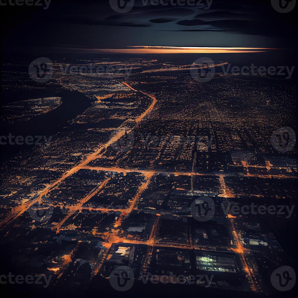 Beautiful scenic night city view through the aircraft window. Window seat on airplane overlooking night view. photo