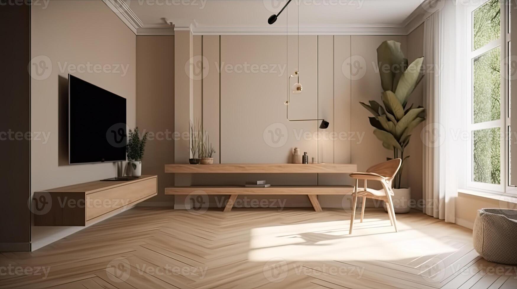 empty living room with flat screen tv and wooden desk, in the style of minimalist geometric, rounded, light beige, nature-inspired, commission for, minimalist sets, Illustration photo