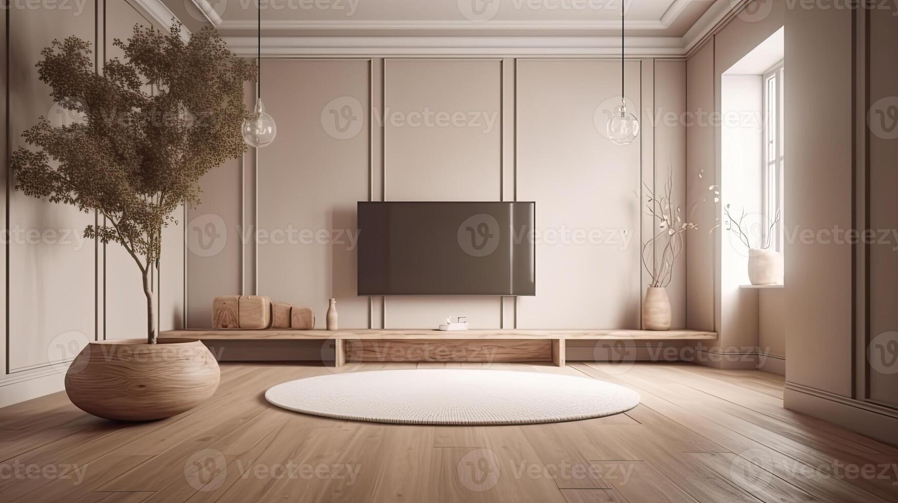 empty living room with flat screen tv and wooden desk, in the style of minimalist geometric, rounded, light beige, nature-inspired, commission for, minimalist sets, Illustration photo