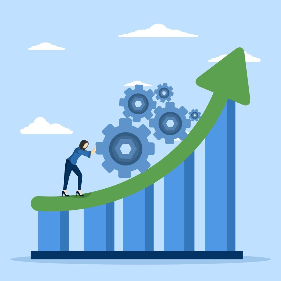 performance improvement concept, quality or progress, Process improvement, efficiency to increase productivity, management strategy, businessman pushing gears to improve improvement graphic diagram. vector