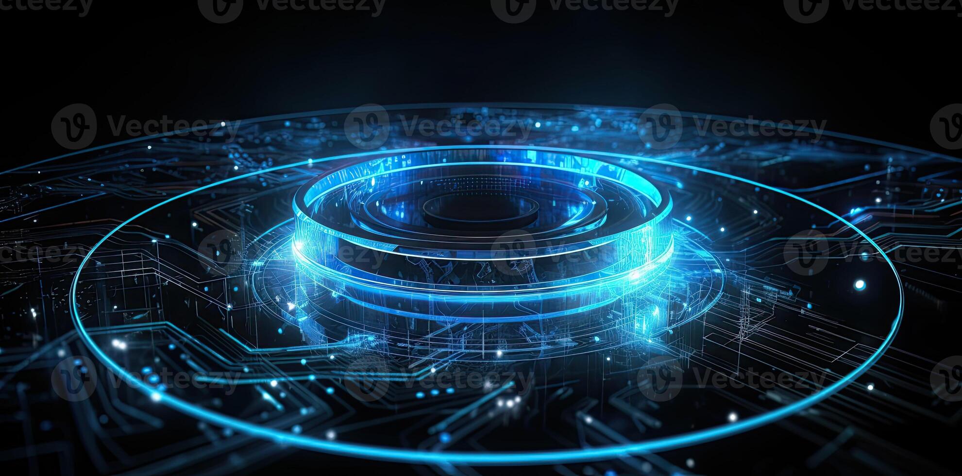 modern technology circle background or abstract image, in the style of rtx on, blueprint, circuitry, lens flare, light navy and sky-blue, Illustration photo