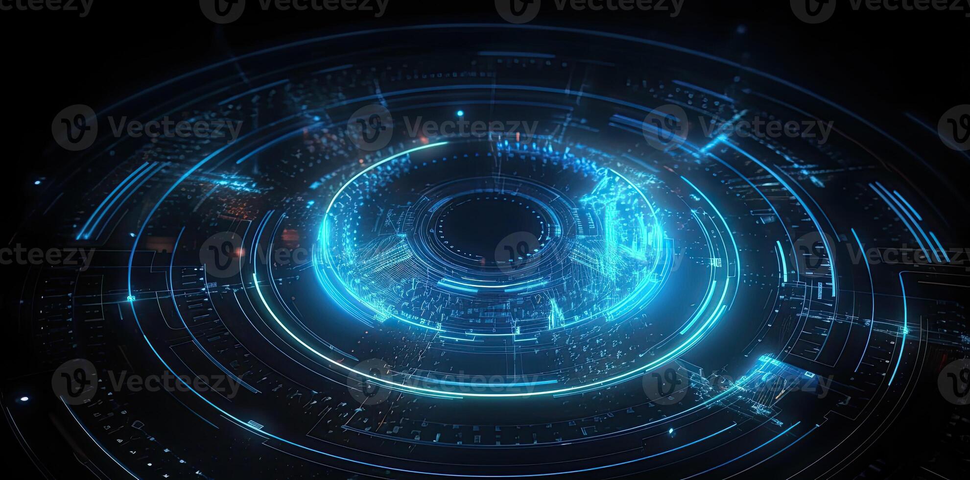 modern technology circle background or abstract image, in the style of rtx on, blueprint, circuitry, lens flare, light navy and sky-blue, Illustration photo