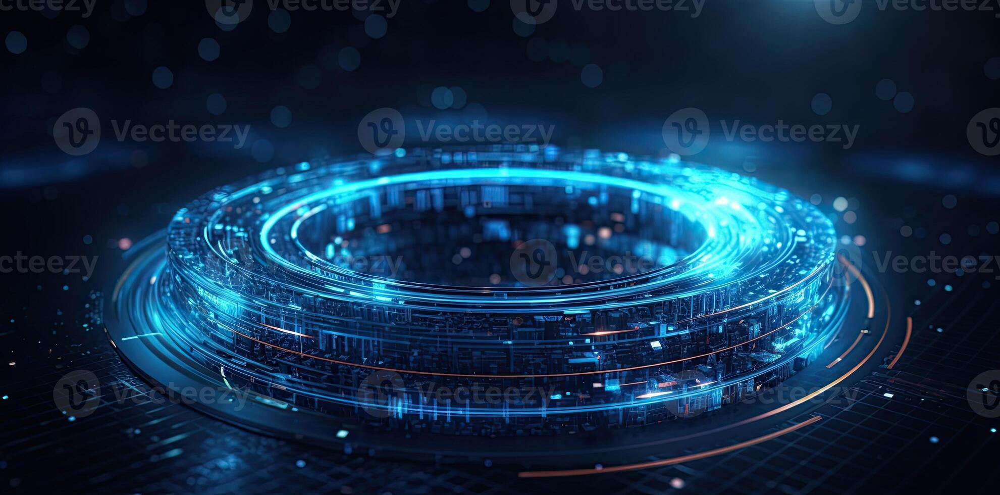 modern technology circle background or abstract image, in the style of rtx on, blueprint, circuitry, lens flare, light navy and sky-blue, Illustration photo