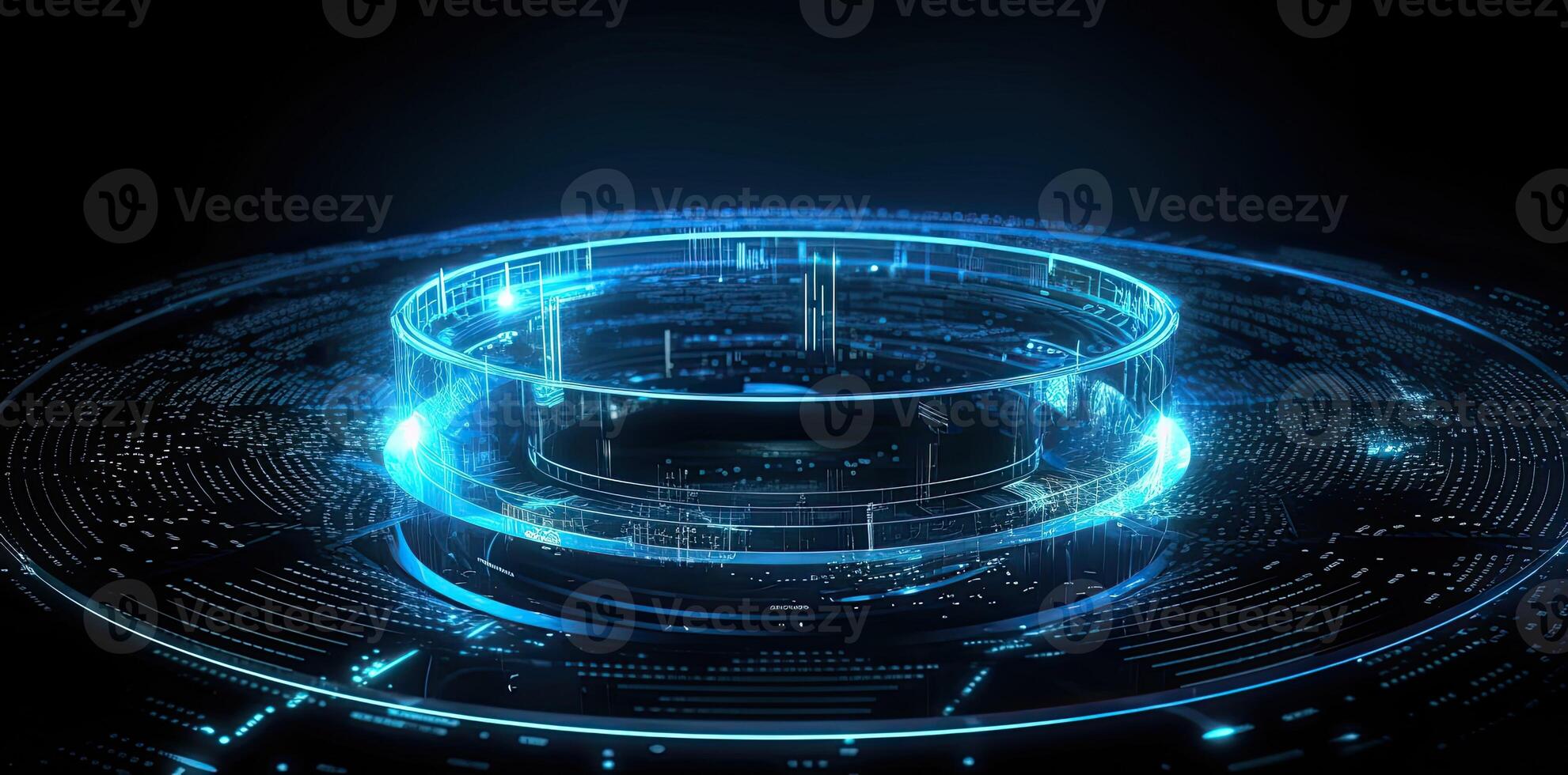 modern technology circle background or abstract image, in the style of rtx on, blueprint, circuitry, lens flare, light navy and sky-blue, Illustration photo