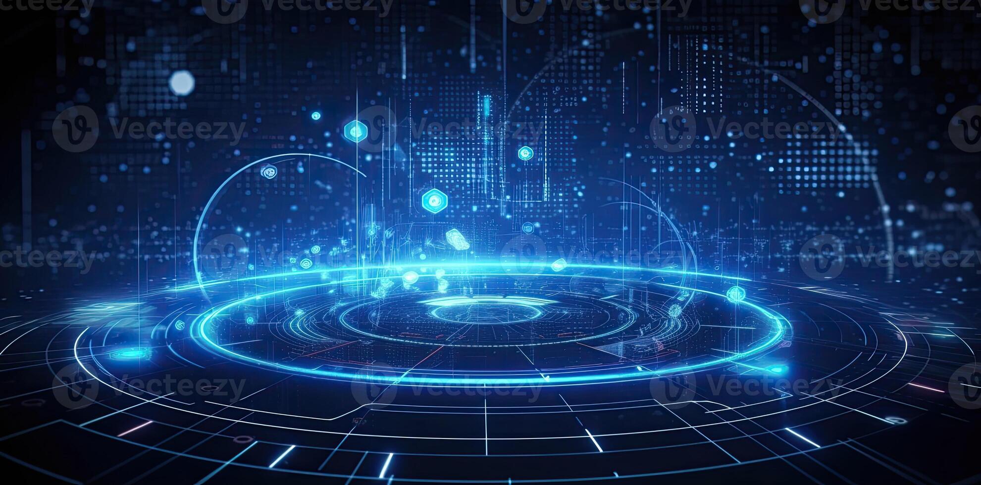 modern technology circle background or abstract image, in the style of rtx on, blueprint, circuitry, lens flare, light navy and sky-blue, Illustration photo