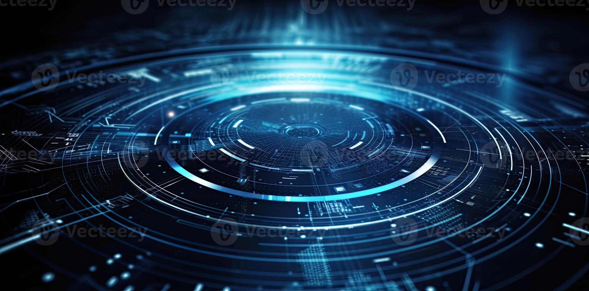 modern technology circle background or abstract image, in the style of rtx on, blueprint, circuitry, lens flare, light navy and sky-blue, Illustration photo