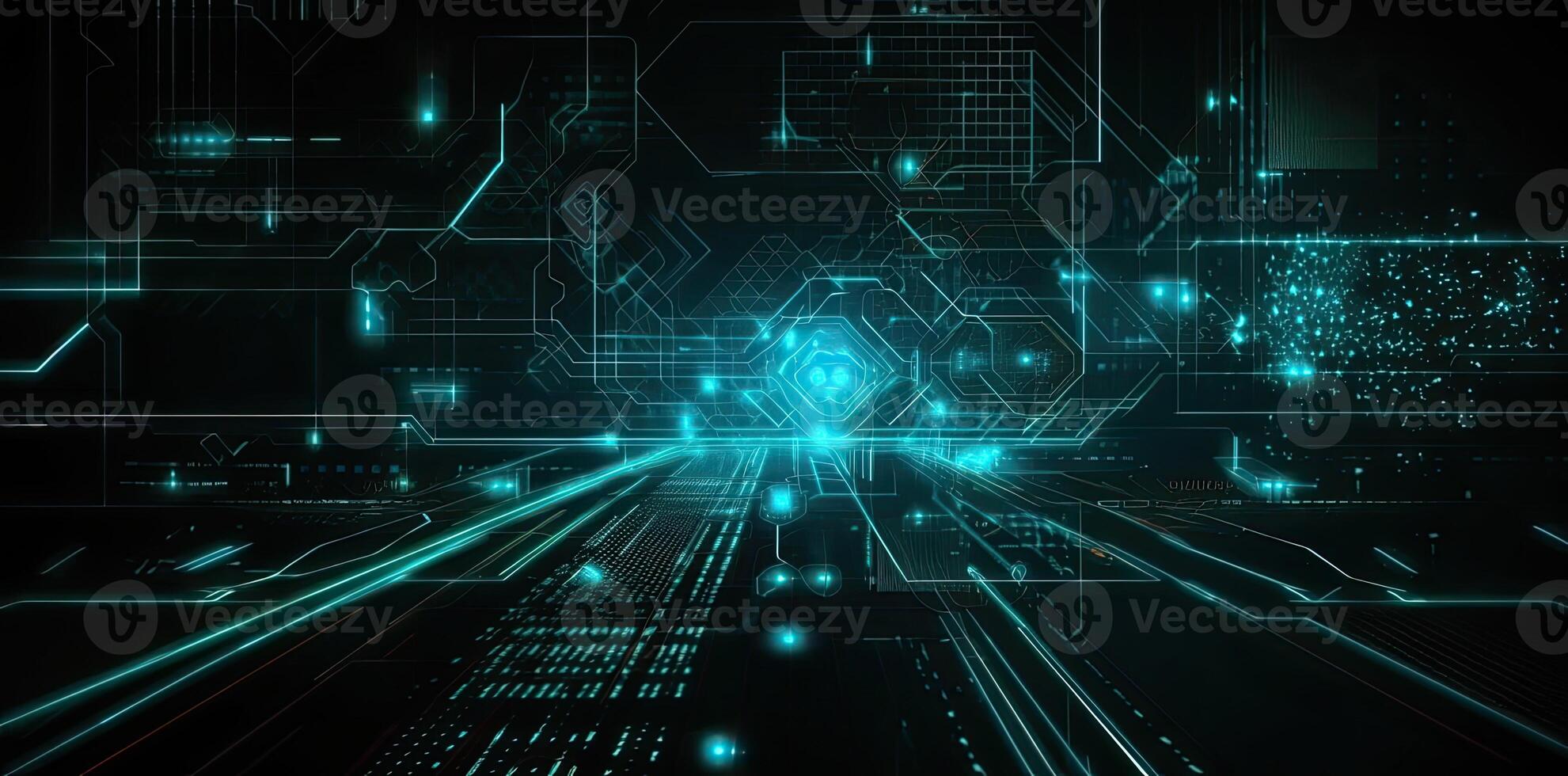 modern technology circle background or abstract image, in the style of rtx on, blueprint, circuitry, lens flare, light navy and sky-blue, Illustration photo