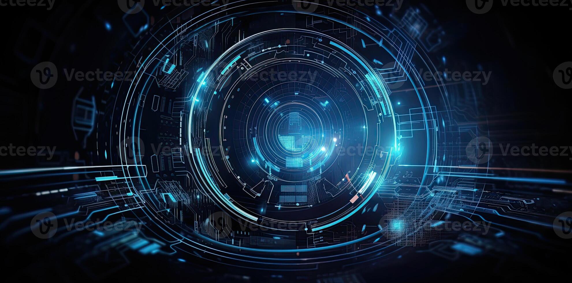 modern technology circle background or abstract image, in the style of rtx on, blueprint, circuitry, lens flare, light navy and sky-blue, Illustration photo