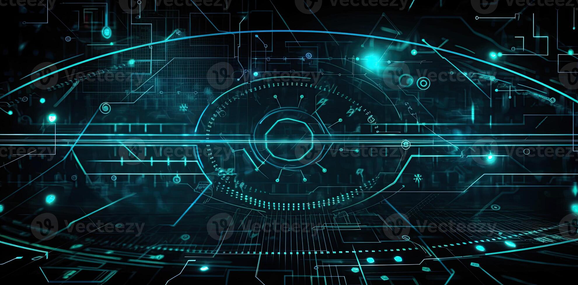 moderno tecnología circulo antecedentes o resumen imagen, en el estilo de rtx en, Plano, circuitos, lente llamarada, ligero Armada y cielo azul, ilustración generativo ai foto