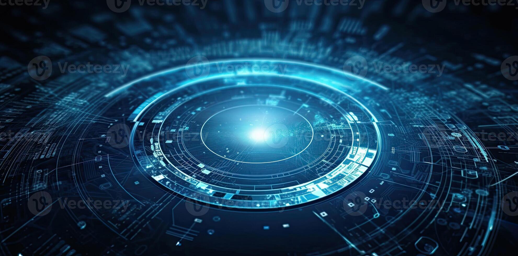 modern technology circle background or abstract image, in the style of rtx on, blueprint, circuitry, lens flare, light navy and sky-blue, Illustration photo