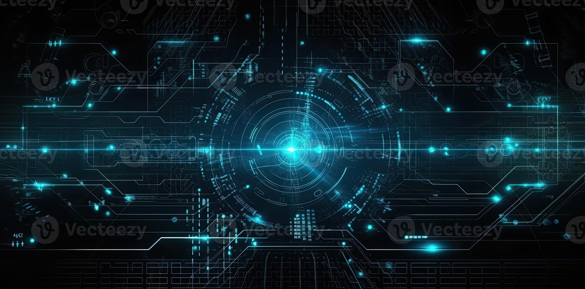 modern technology circle background or abstract image, in the style of rtx on, blueprint, circuitry, lens flare, light navy and sky-blue, Illustration photo